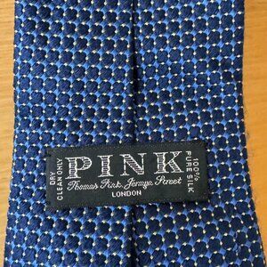 100% Silk Thomas Pink Blue Small Checks Tie with Yellow Dot Pattern 3.5 in